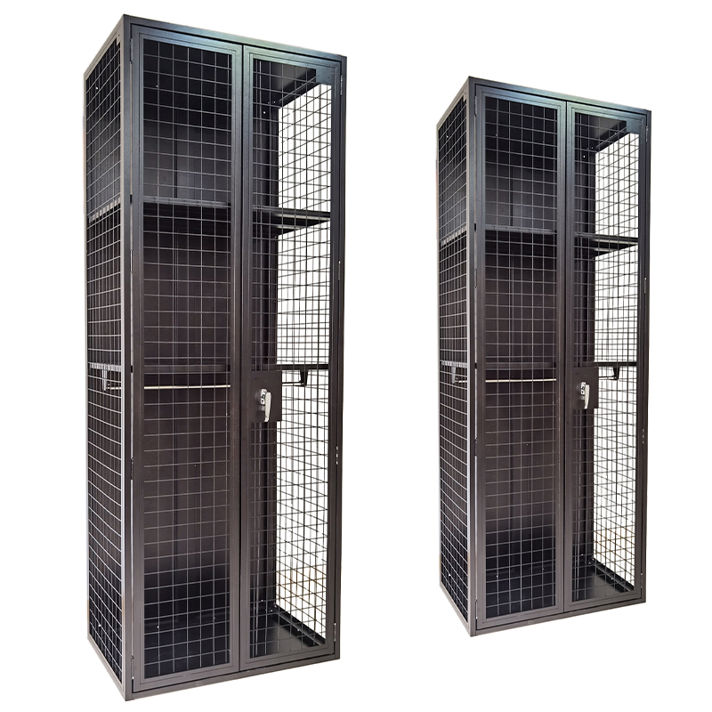 SFS metal mesh locker in swing door with steel shelf and hanging rod