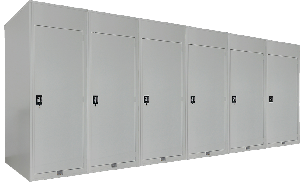 Grey steel vertical bike storage locker with key lock