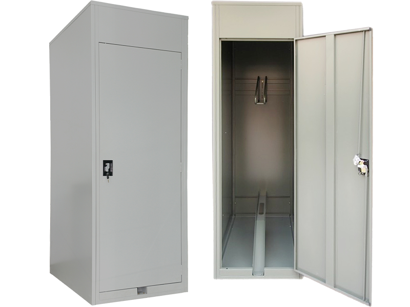 Grey metal vertical bike locker