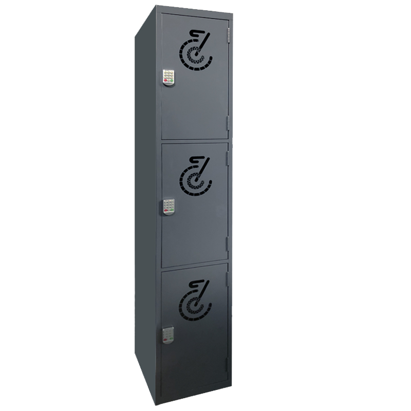 Black bike locker bank for folding bicycle