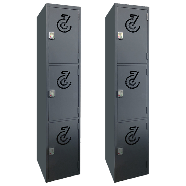 Black bike locker bank for bicycle storage