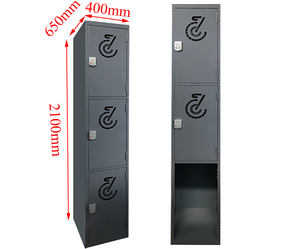 Black bike locker bank for bicycle storage with dimension