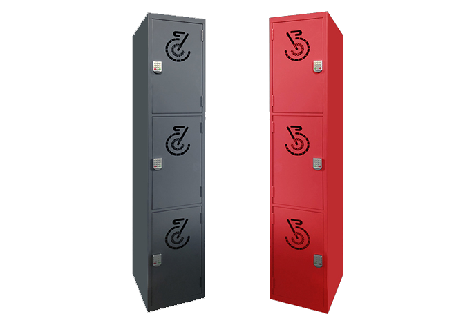Black bike locker bank for folding bicycle