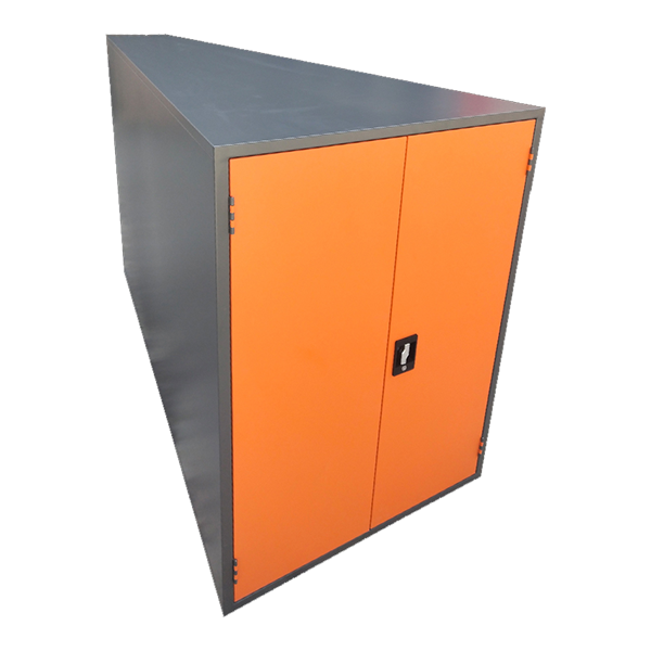 Grey and orange color triangle bike storage locker with key lock