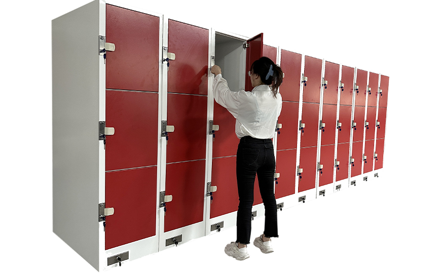 Coin storage locker with three doors and in red color