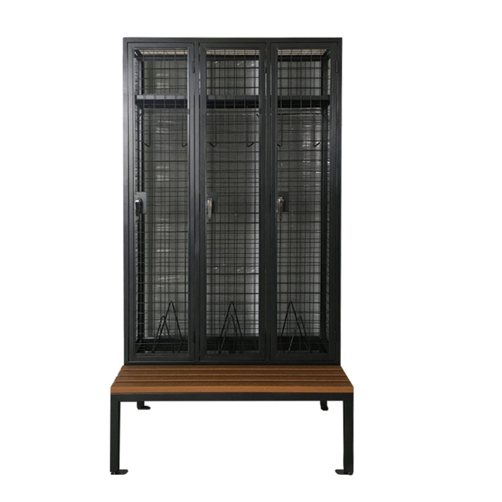 SFS Metal Wire Mesh Locker with Bench for Clothes Storage with Triple Doors in Black Color-SFS-MSL-004