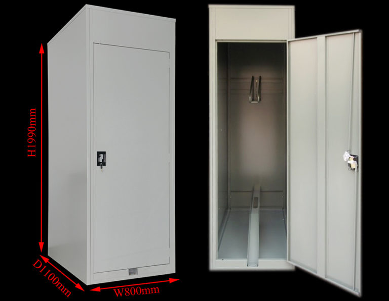 This bike locker is made by galvanuzed steel.