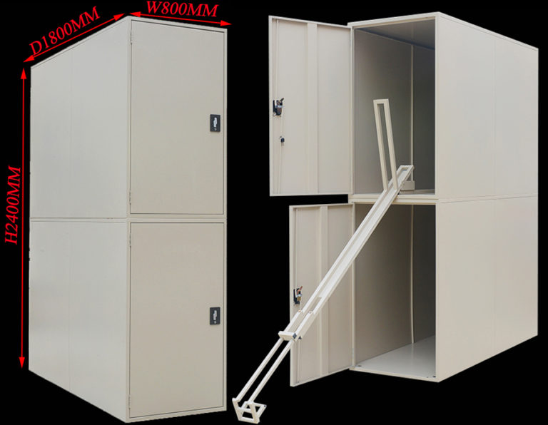This bike locker is made by galvanuzed steel.