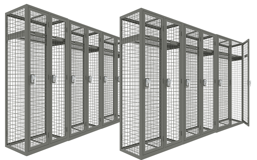 Metal wire mesh storage lockers in wardrobe locker with 2 doors