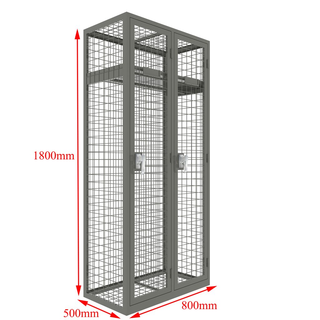 Metal wire mesh storage lockers in wardrobe locker with 2 doors