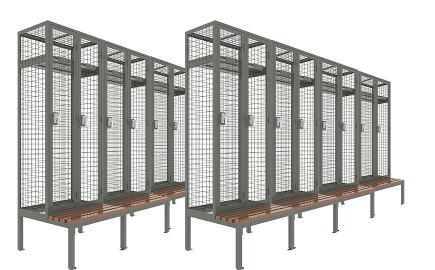 Wire mesh wardrobe storage locker with bench seat in 2 tall doos