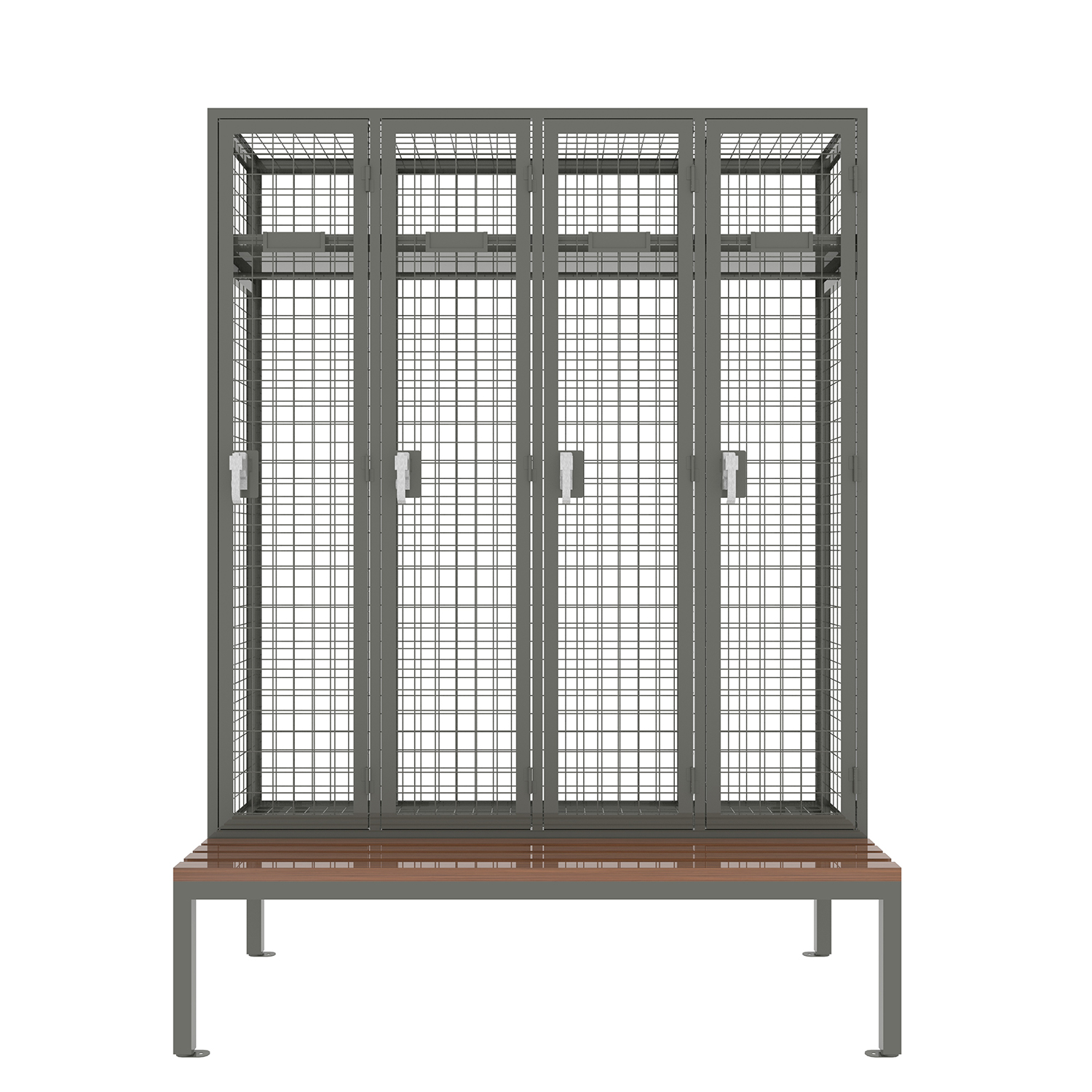 Mesh personal effect locker with bench seat.