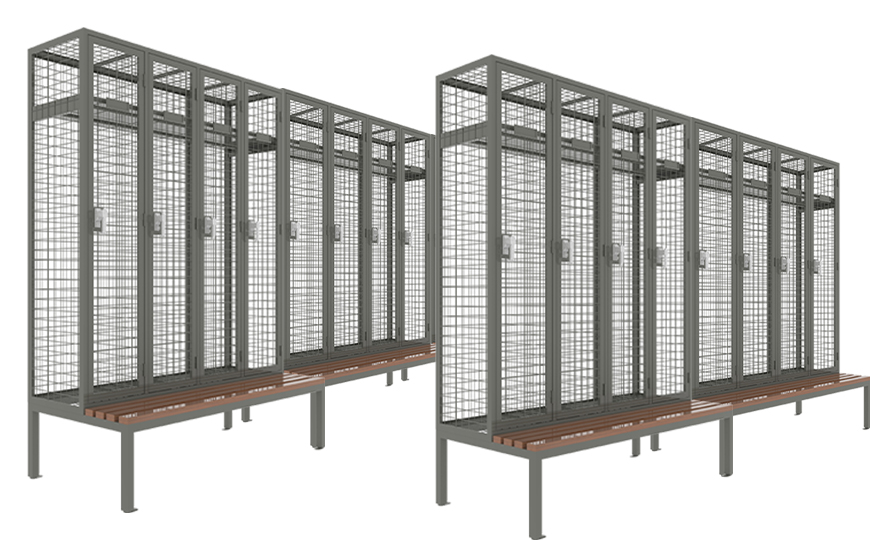 Wire mesh personal effect storage locker with seat bench