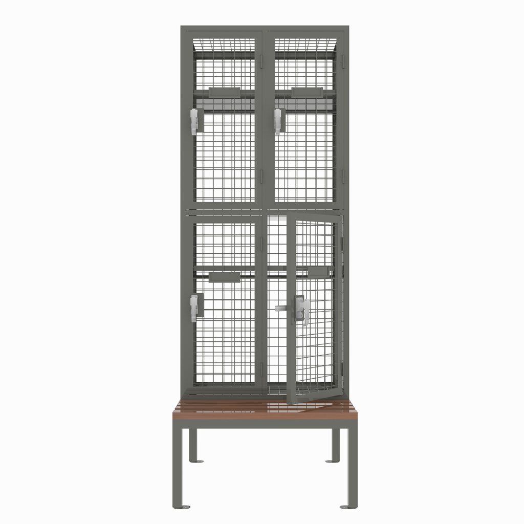 Metal wire mesh storage compartment locker with seat bench