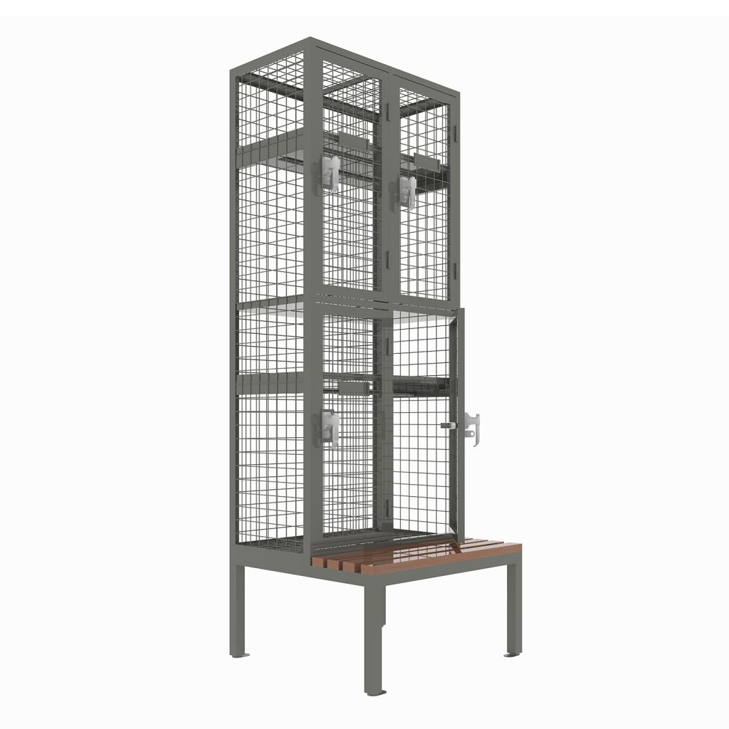 Metal wire mesh storage compartment locker with seat bench