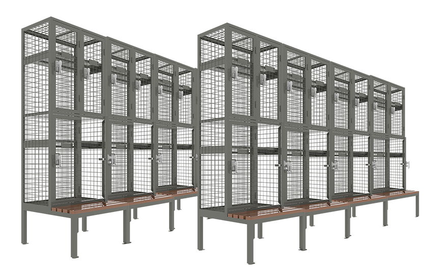 Metal wire mesh storage compartment locker with seat bench