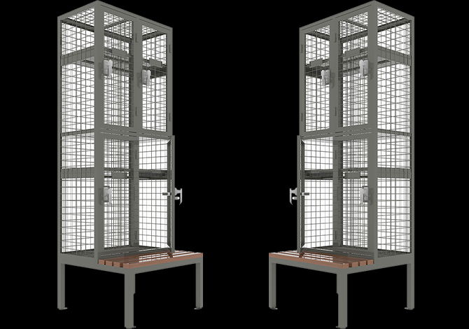 Metal wire mesh storage compartment locker with seat bench