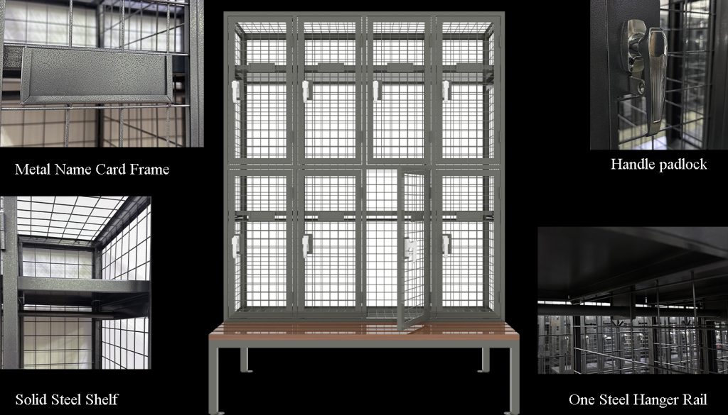 Mesh compartment lockers in eight doors with seat bench