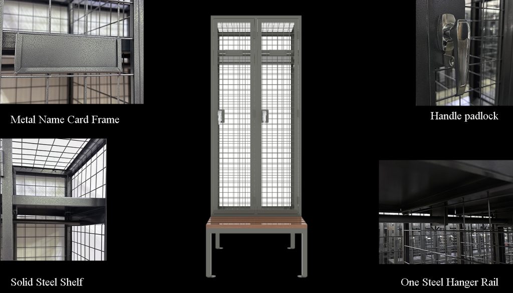 metal wire mesh wardrobe storage locker with bench