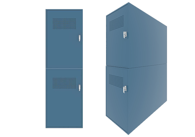 Yellow horizontal bike storage locker with handle lock