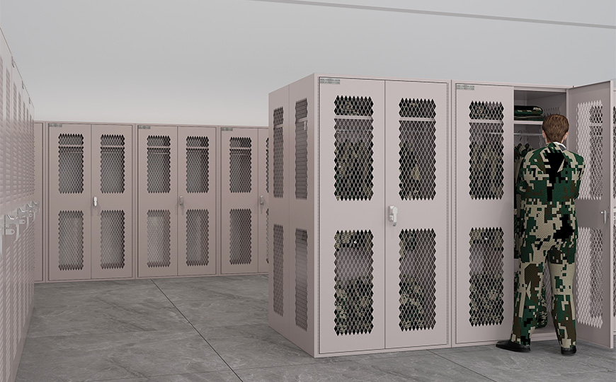 Military storage locker with swing door