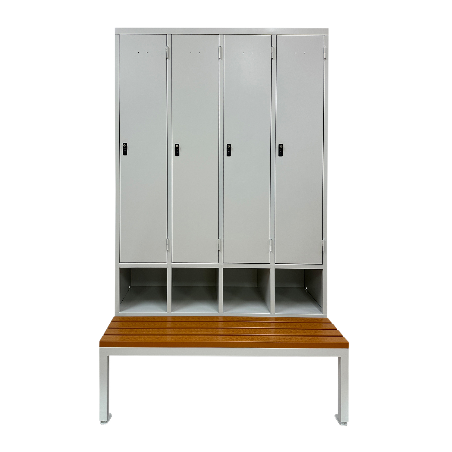Four doors storage locker with locker stand and seating bench