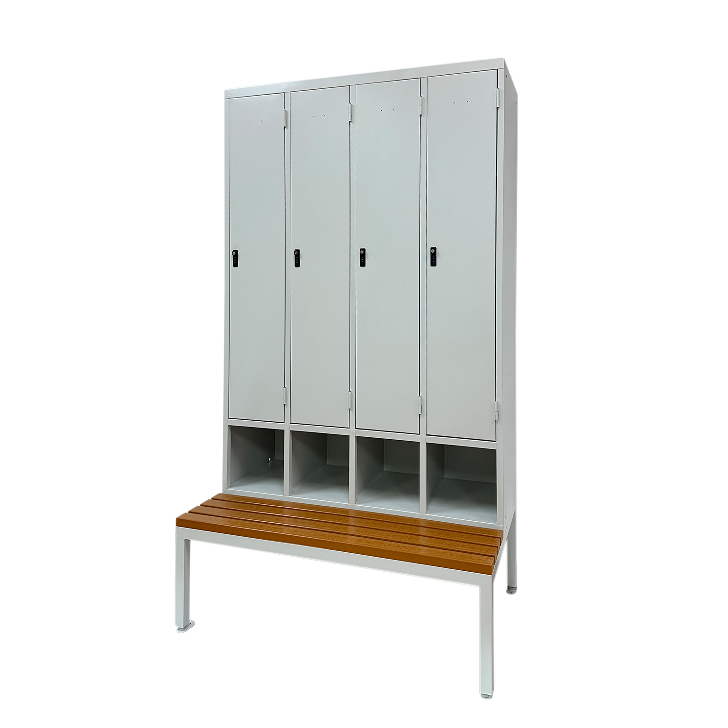 Four doors storage locker with locker stand and seating bench