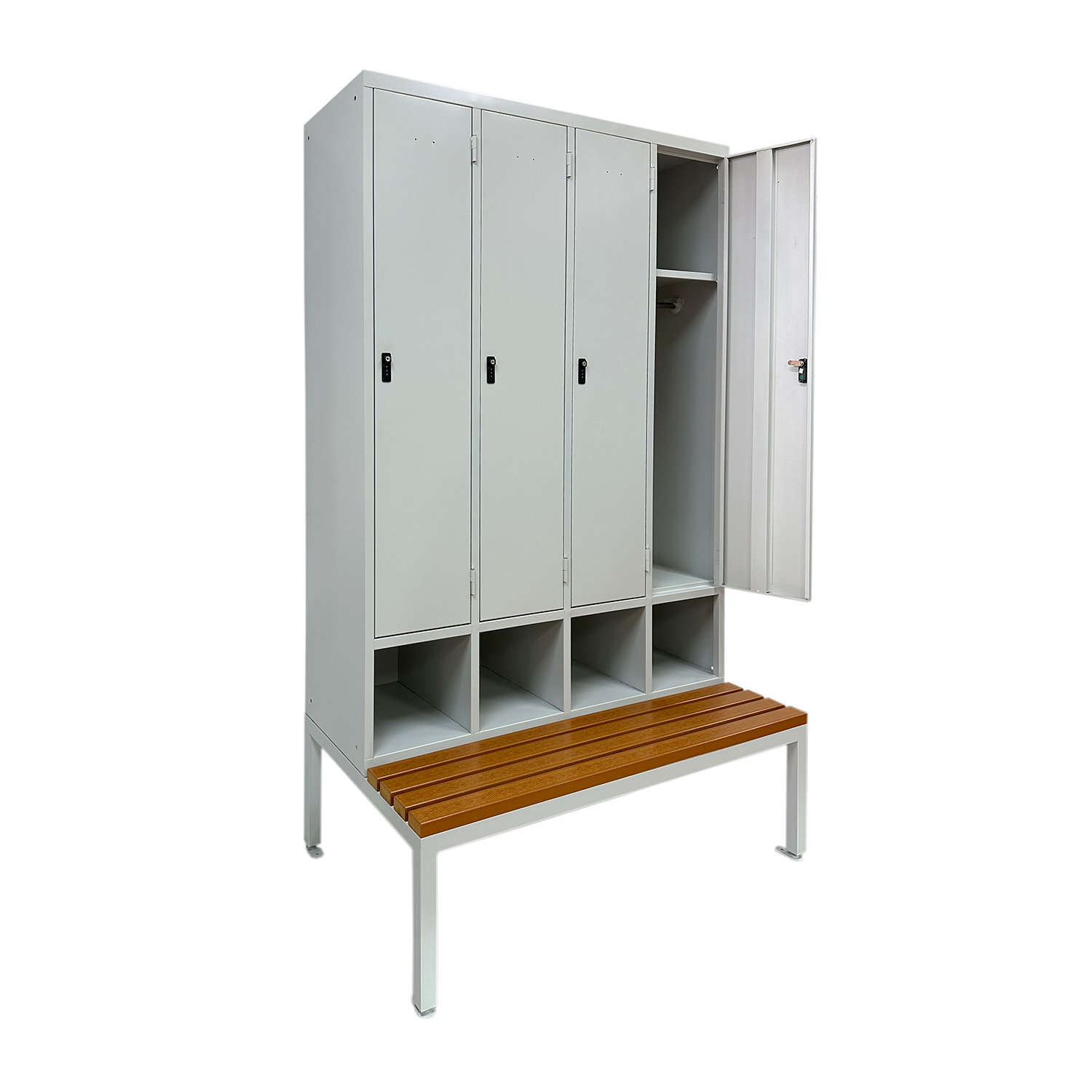Four doors storage locker with locker stand and seating bench