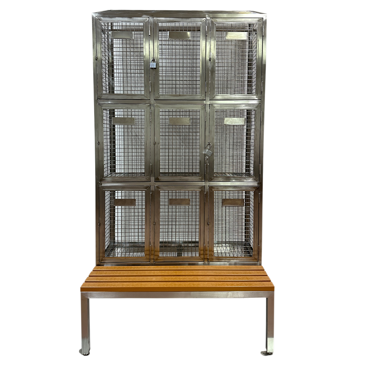 Stainless steel mesh locker in 9 doors and with seating bench