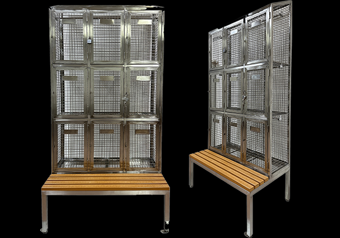 Stainless steel mesh locker in 9 doors and with seating bench