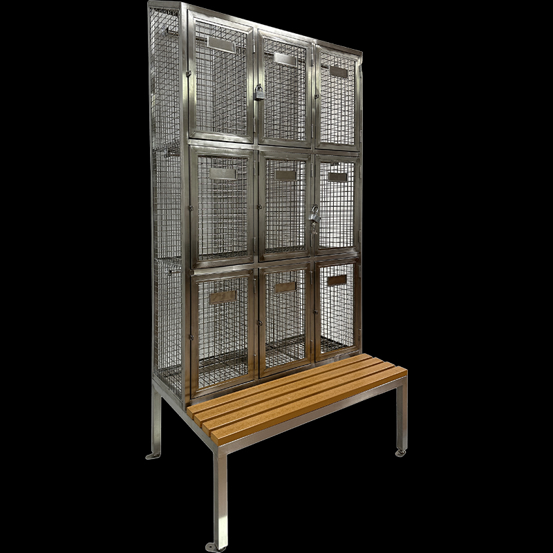 Stainless steel mesh storage locker with stand and seating bench