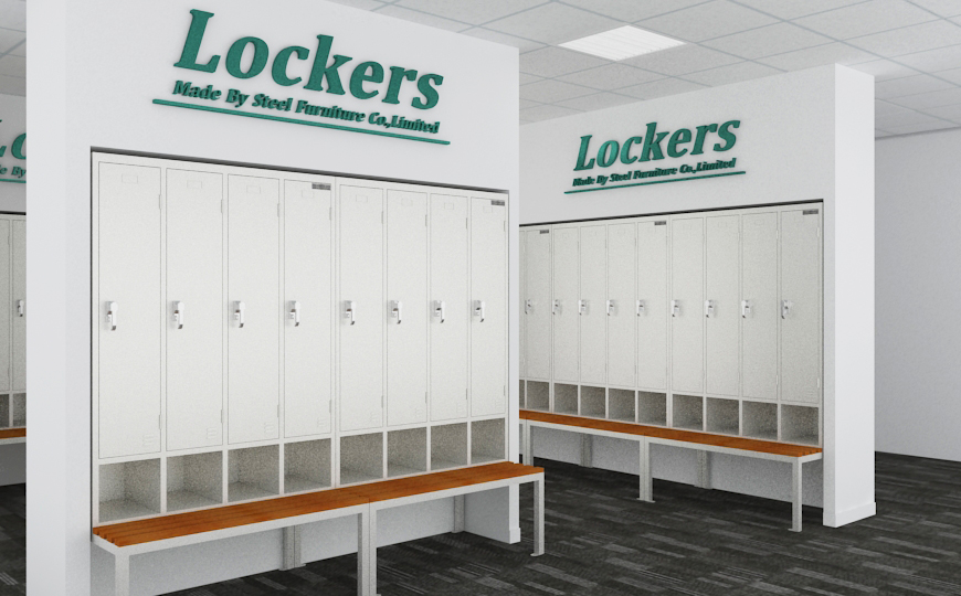 Four doors storage locker with locker stand and seating bench