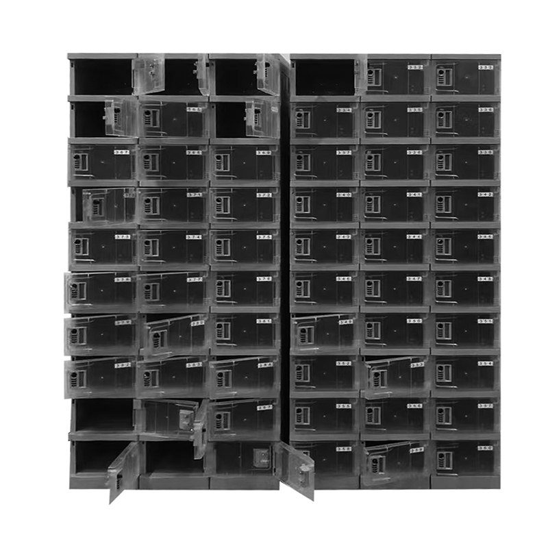 This is a plastic cellphone locker. It uses a visible cabinet door with a password lock design.