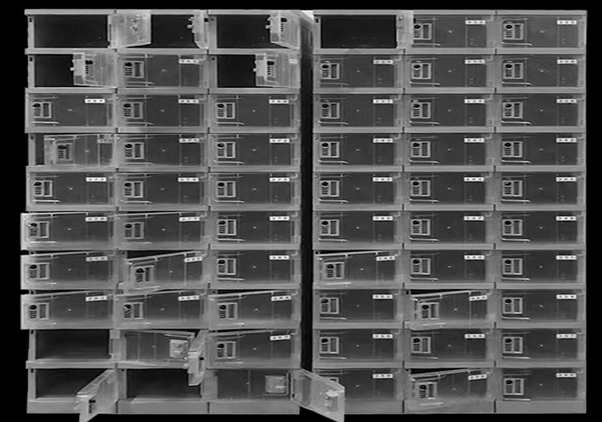 This is a multi-department cellphone storage locker, which has visible cabinet door and password lock