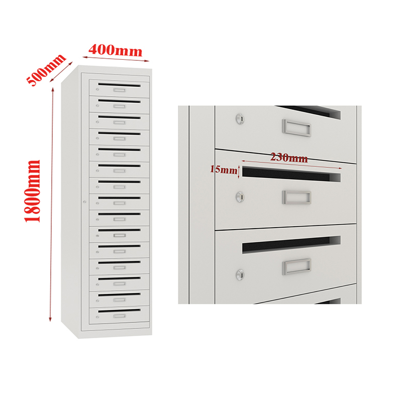 The size of our standard post locker is H1800*W400*D500mm, the size of mailbos slot is 230*15mm