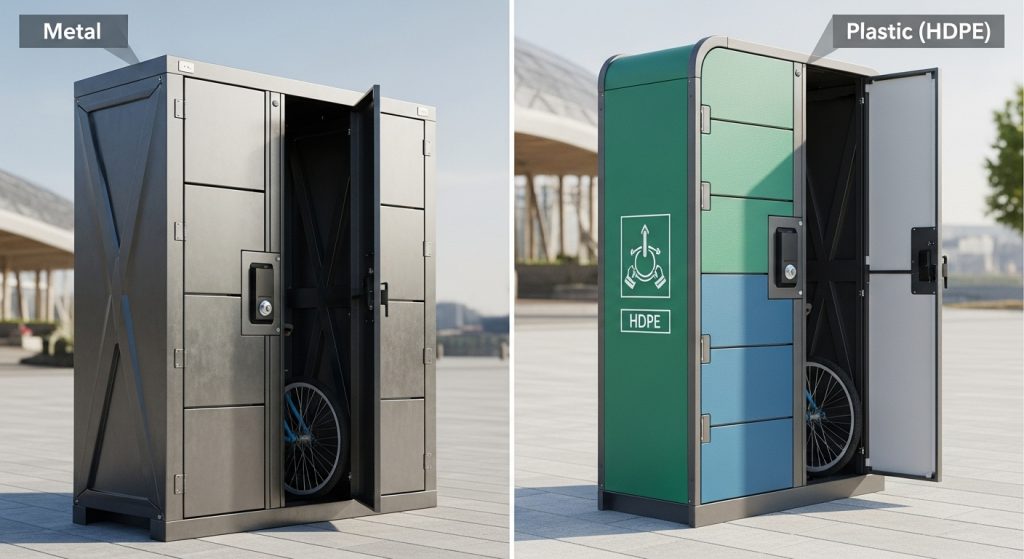 Metal vs Plastic (HDPE) Bike Lockers Durability & Design Compared