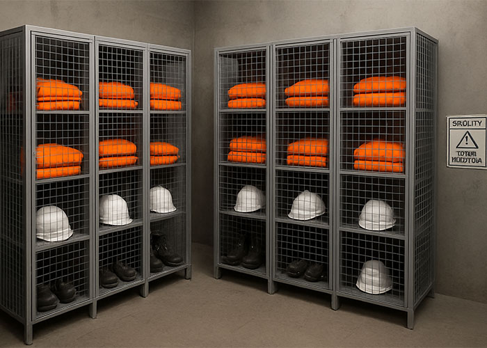 Perforated mesh lockers for mining working environment