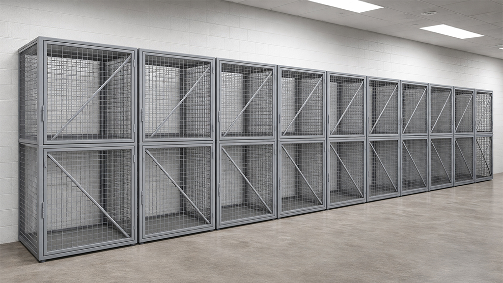 The application of custom mesh lockers: warehouse storage, industry storage.