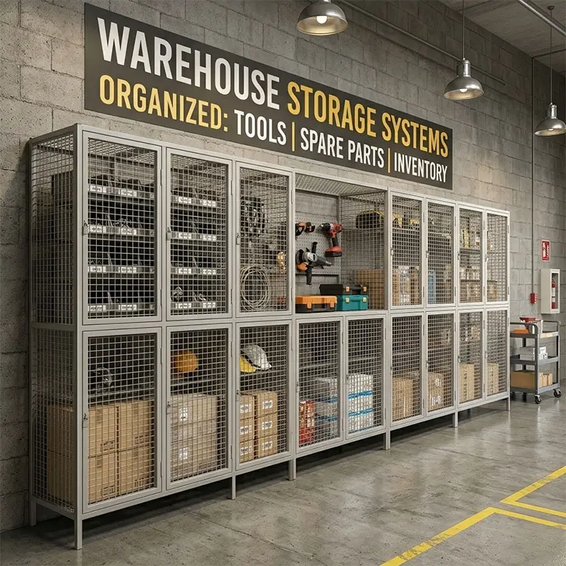 warehouse storage lockers organized tools, spare parts inventory
