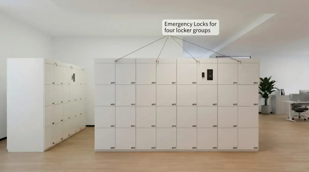 Facial Recognition Office Lockers with emergency manual key access for four locker groups, combining biometric convenience and fallback security.