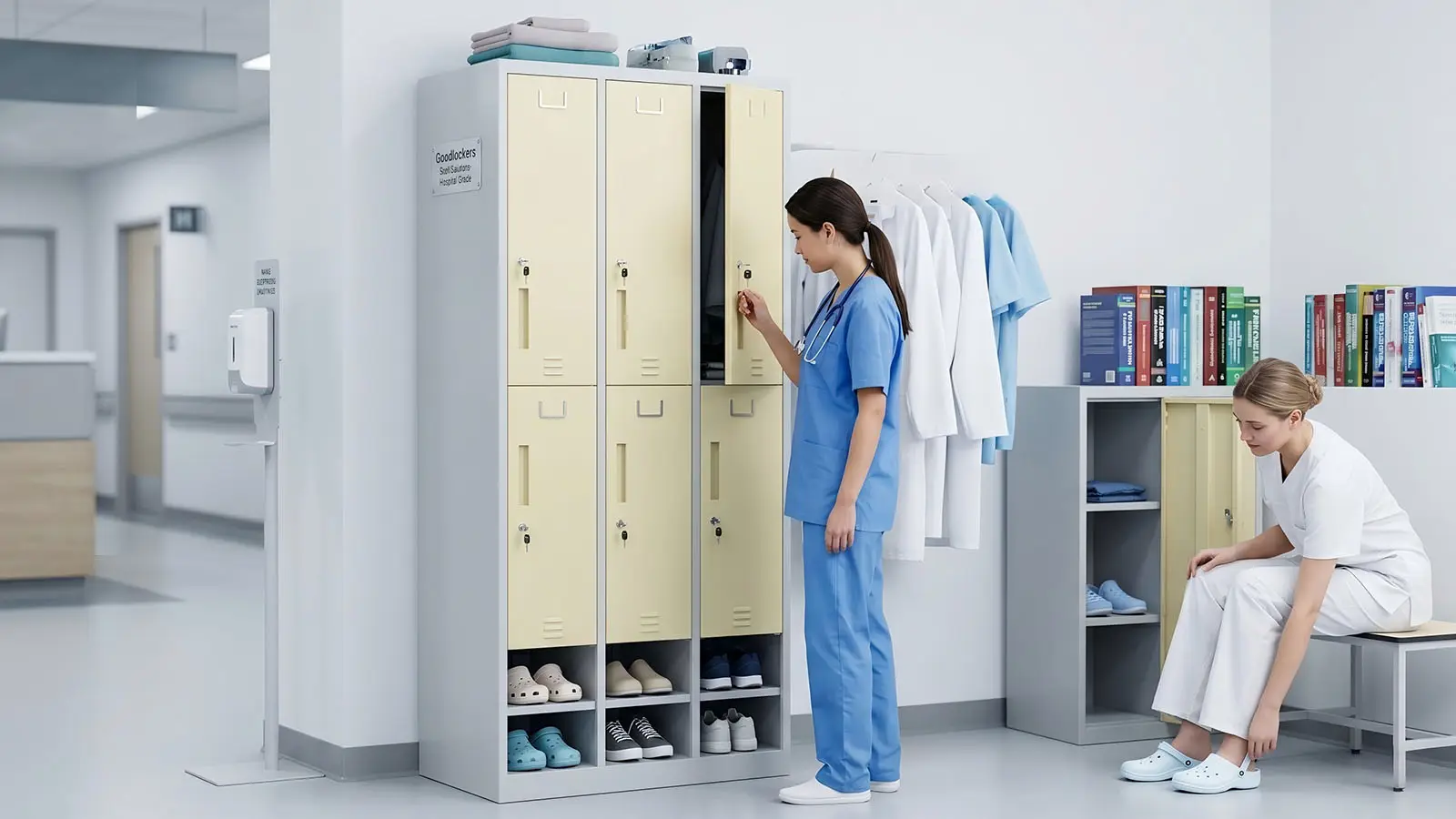 A medical staff member is using a locker.