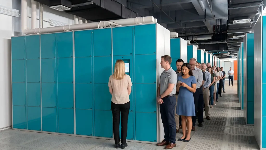 Office staff are queuing to use the facial recognition lockers, with the identification system in progress