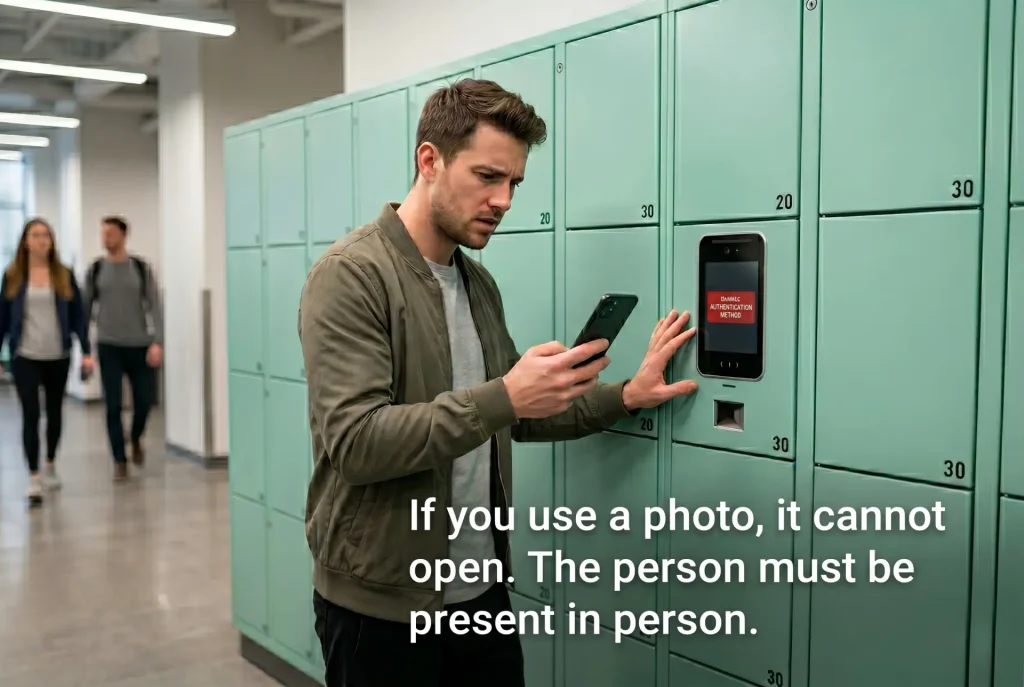 a face recognition locker rejecting a photo-based unlocking attempt, with the system detecting the spoof and remaining locked to ensure security.