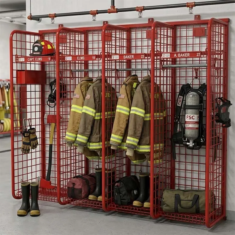 mesh lockers in fire station (turnout gear storage)